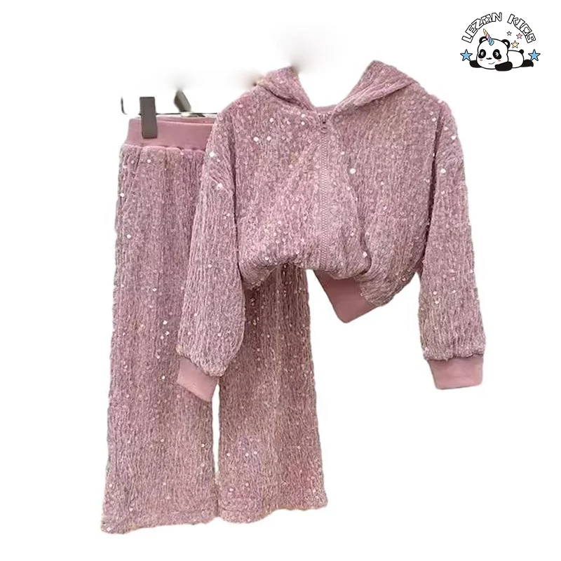 LEZONKIDS - Customized Kids Spring Clothing Outfit Set  Hooded Jacket and Pants Sequin Girls Clothing Sets
